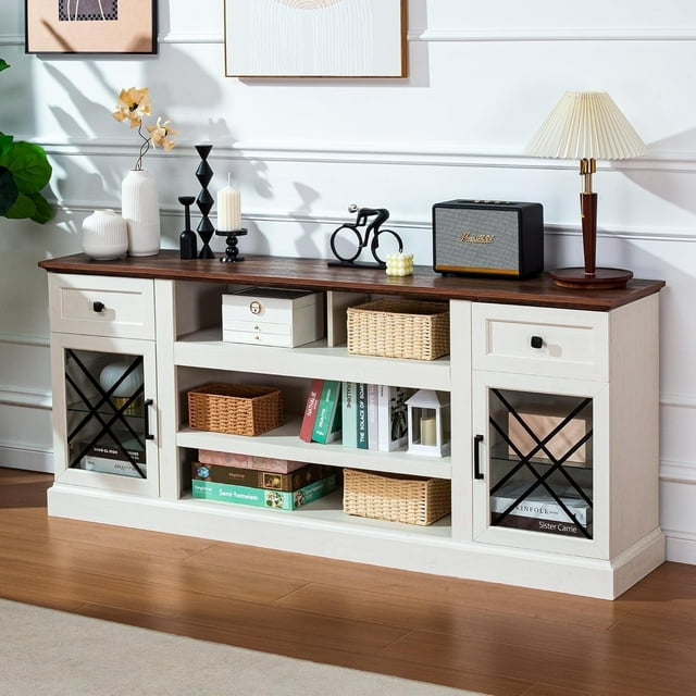 FIAKOA 70 inch Farmhouse TV Stand Table for 75 80 inch TV, Modern Entertainment Center with LED Lights and Glass Doors, Wooden White TV Stands for Living Room