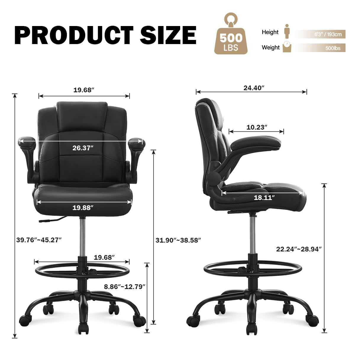 JONPONY 500 lbs Tall Office Chair with Flip-up Armrests for Standing Desk Executive Ergonomic Computer Leather Desk Chair with Lumbar Support, Adjustable Foot Ring for Home,Black