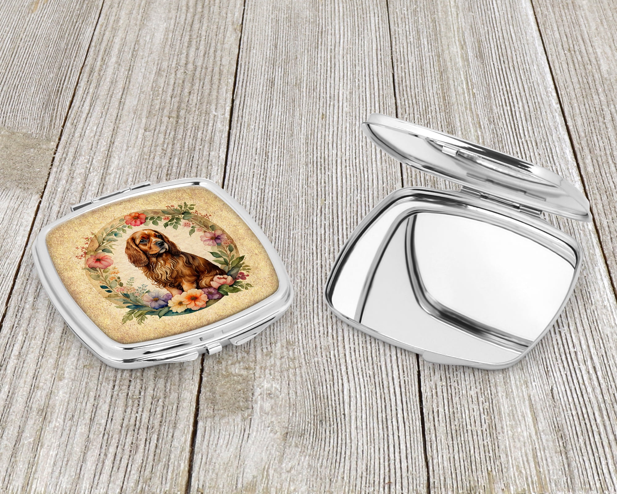 Sussex Spaniel and Flowers Compact Mirror 2.75 in x 3 in