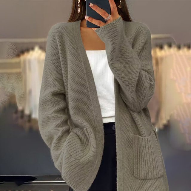 IMENGL Wool mid length solid knitted cardigan, Gray L, Size M-XL