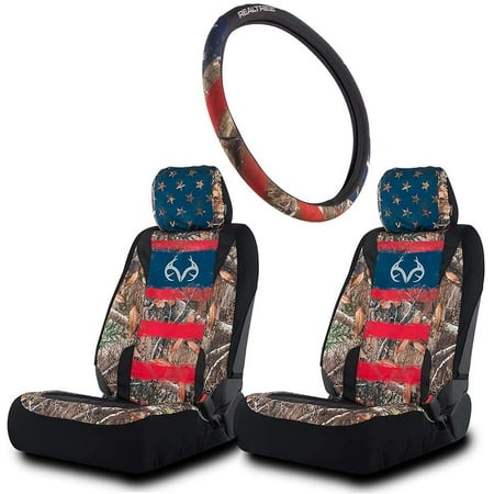 Realtree 3pc EDGE Camo Americana Auto Accessories - Include 2 Universal Low-Back Seat Cover and 1 Steering Wheel Cover