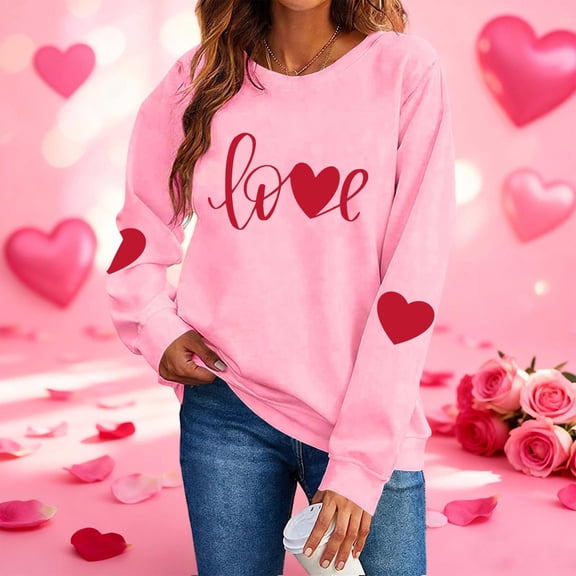BLTIBY Valentine Sweatshirts for Women Love Heart Graphic Sweater Long Sleeve Crew Neck Pullover Blouse Fashion Casual Valentines the Day Tops Pink 2 M