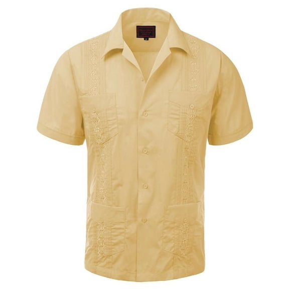 Maximos Men's Guayabera Summer Casual Cuban Beach Wedding Vacation Short Sleeve Button-up Casual Dress Shirt Light Yellow L