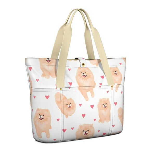 Tote Bag for Women - Pomeranian Dogs with Hearts Shoulder Bag - Large Utility Work Duffle Bag with Zipper Handbag for Travel, Work, Sprots