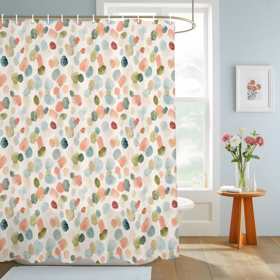 Watercolor Dot Shower Curtain, Minimalist Soft Sage Green Blue Pink Ditsy Floral Waterproof Washable Shower Curtain for Bathroom Bathtub Partition Bath Decoration Set with Hooks 72x72in
