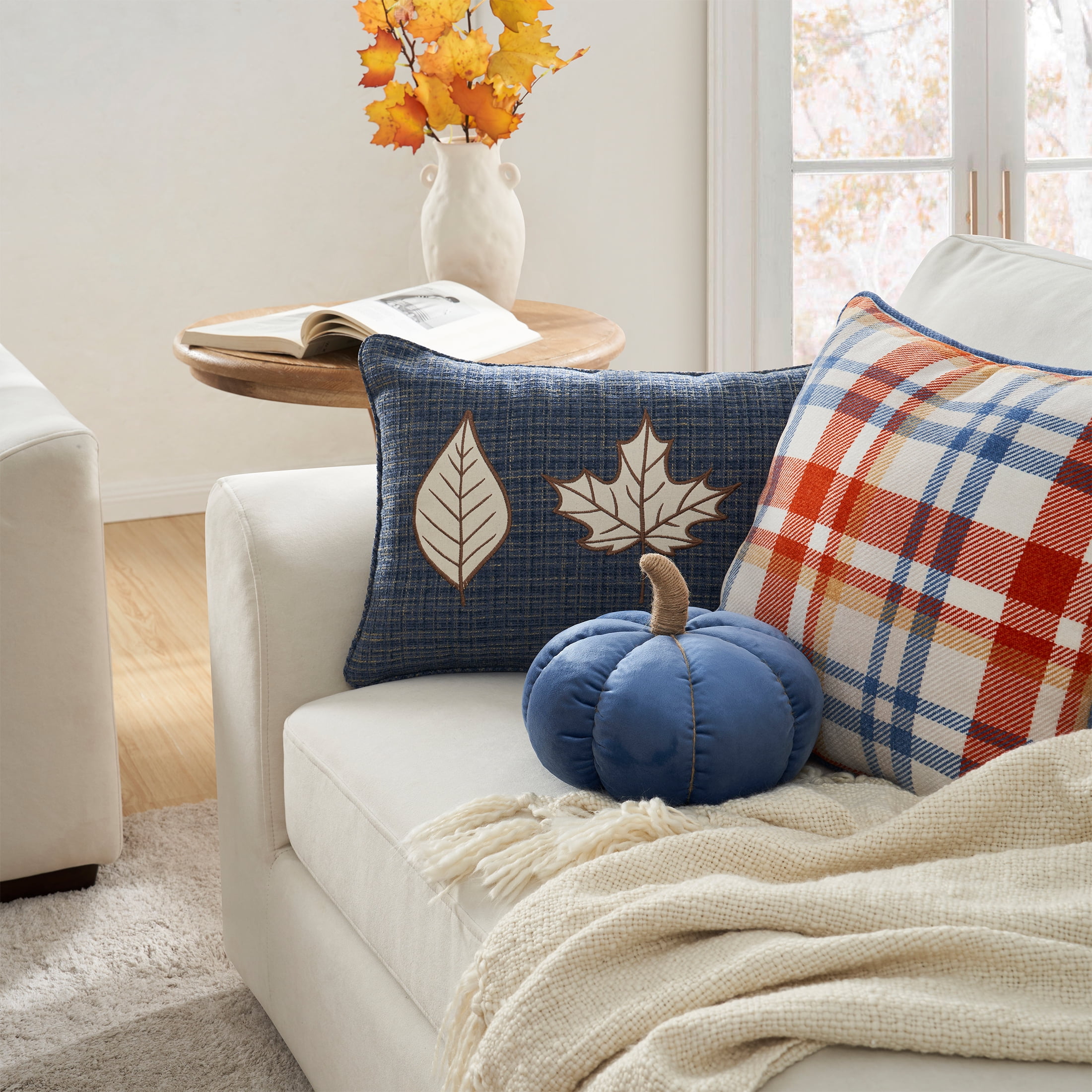 Way to Celebrate 9" x 9" Blue Fall Solid Print Harvest Velvet Throw Pillows