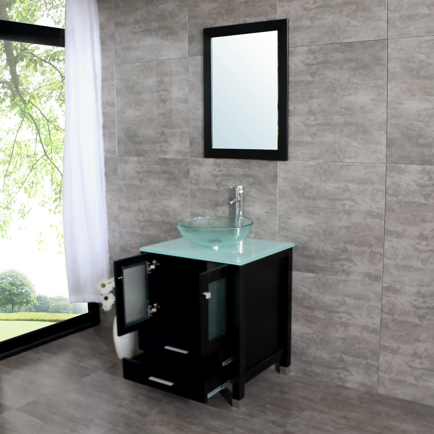 Wonline 25" Single Bathroom Vanity Cabinet Solid Wood w/ Glass Sink Faucet Mirrors