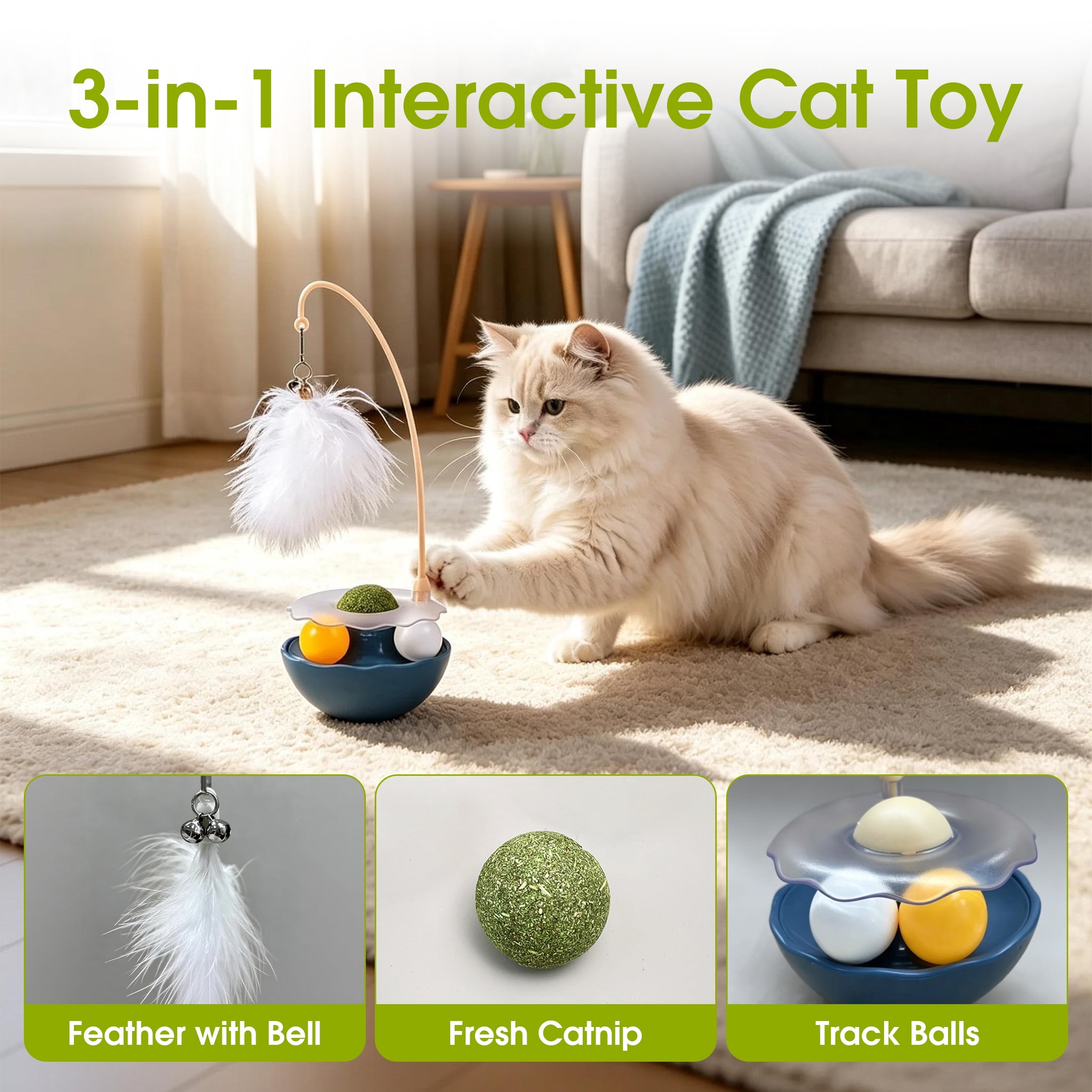 3 in 1 Interactive Cat Toy, Feather Wand Cat Teaser Toy with Bell, Cat Track Ball & Catnip Ball Combo, Self Play Wobble Kitten Toy for Indoor Cats