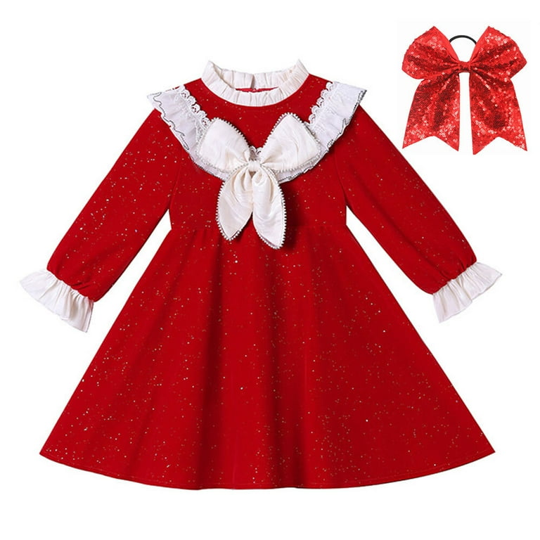 Girls Christmas Princess Dress Long Sleeve Big Bow Party Dress w Hairband