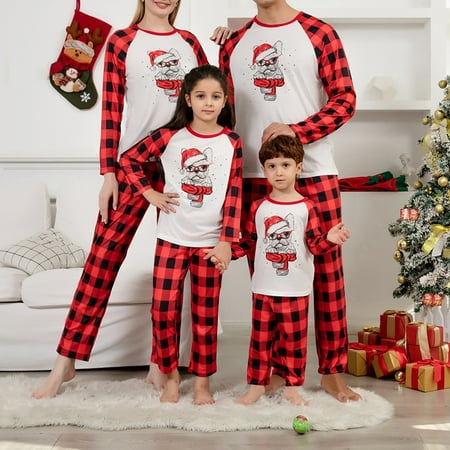 

Matching Family Pajamas Sets Christmas PJ s with Santa Claus Long Sleeve Tee and Plaid Pants Loungewear