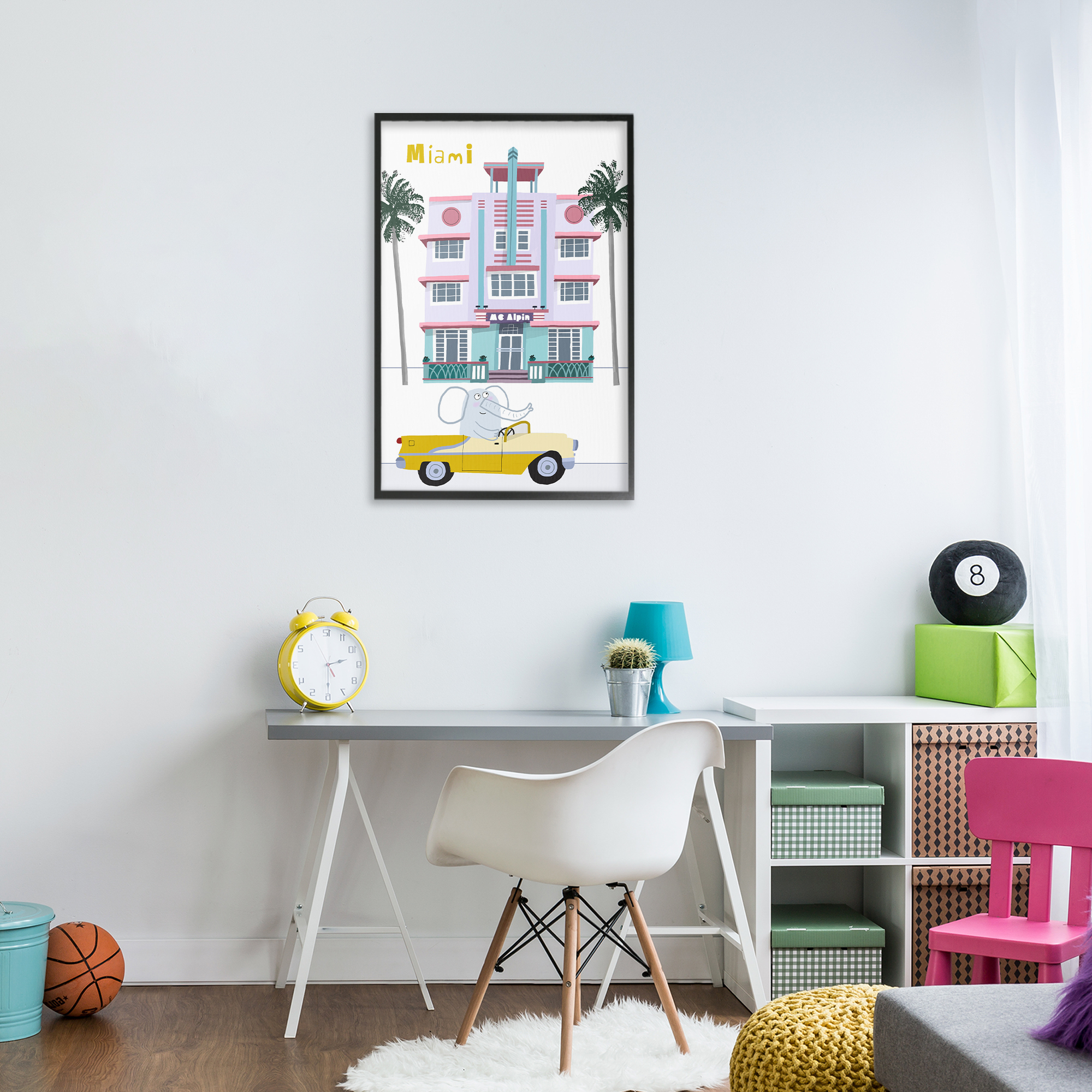 Elephant & Miami Hotel Black Framed Giclee Art, design by Carla Daly