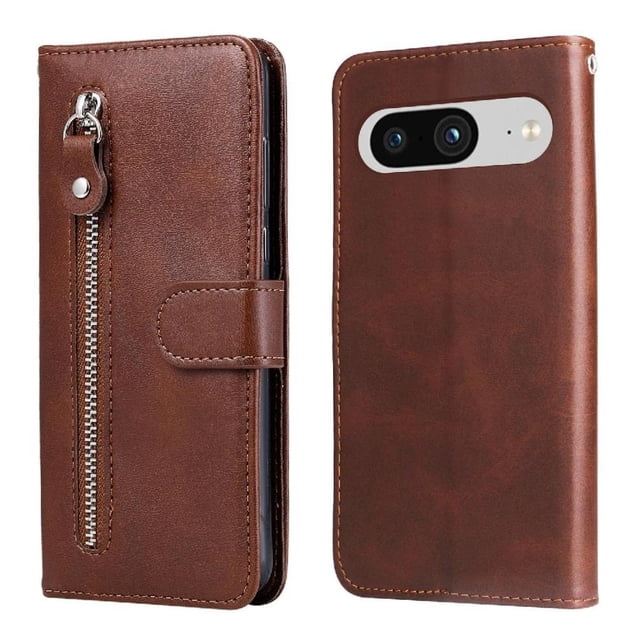 Wallet Case for Google Pixel 8 with Zipper Pocket & Card Slots – Stand Function Brown