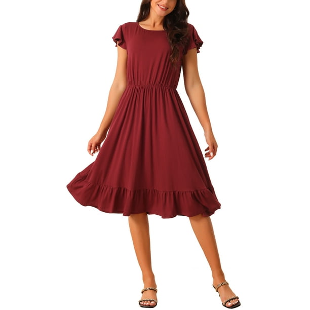 Vestido Casual de Verano para Mujeres INSPIRE CHIC con Bolsillos, Manga Corta con Volantes, Cuello Redondo, dobladillo con Volantes, Midi, XL, Rojo