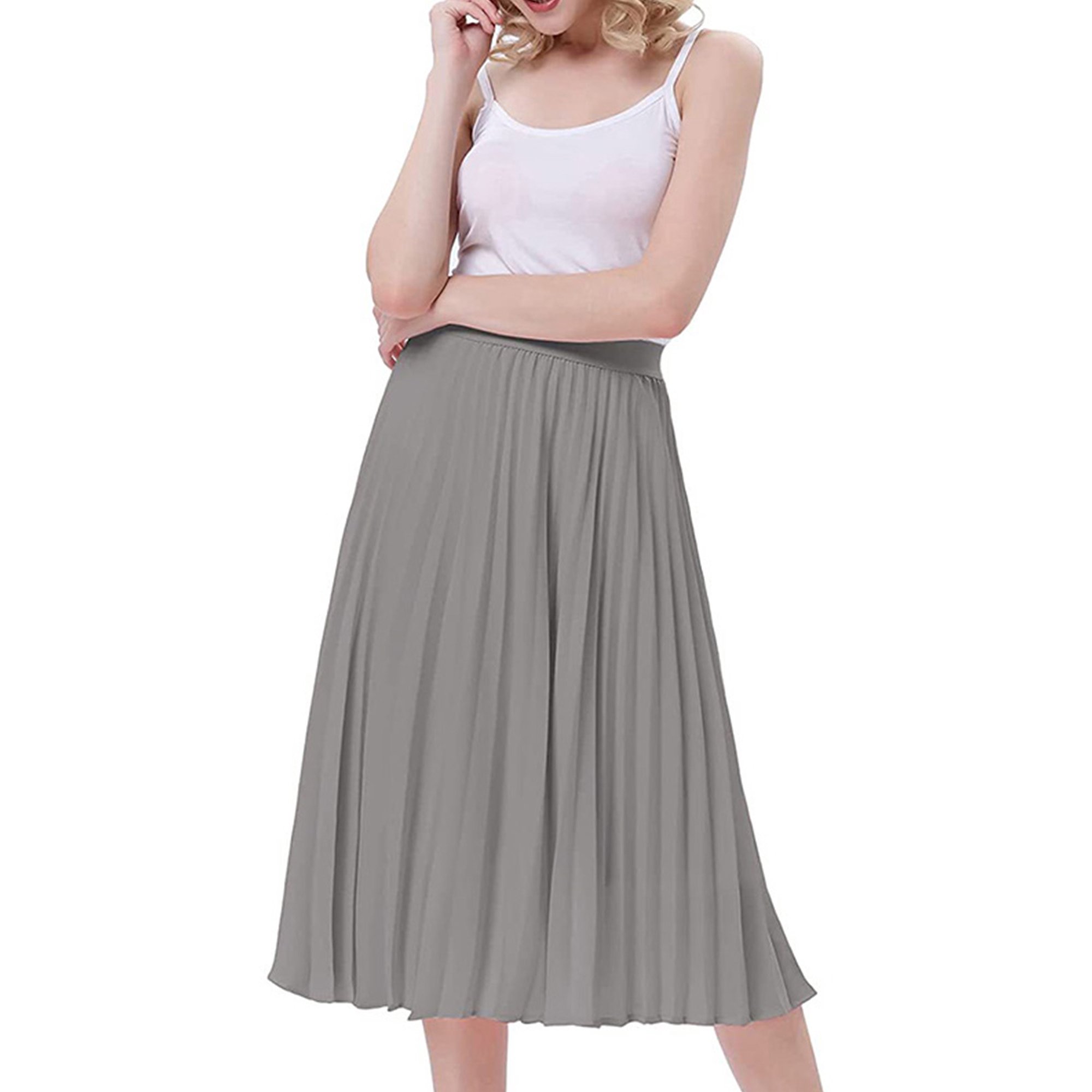 MAWCLOS Women's Pleated Skirt Elastic Waist A-line Midi