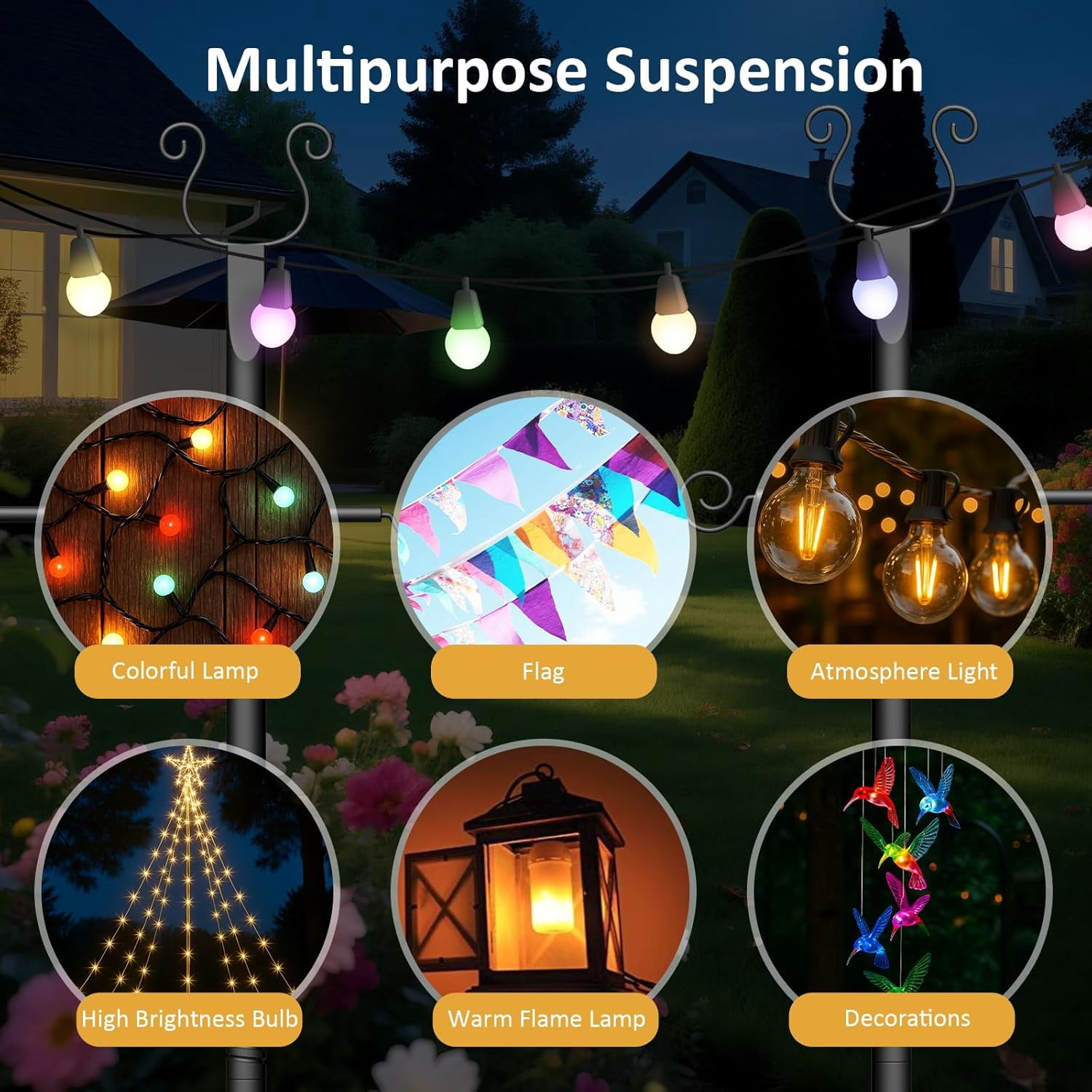 2-Pack Outdoor String Light Pole, 10FT Waterproof Heavy-Duty Metal Poles fo Outside Garden Backyard Deck,Rustproof And Sturdy With Hooks.
