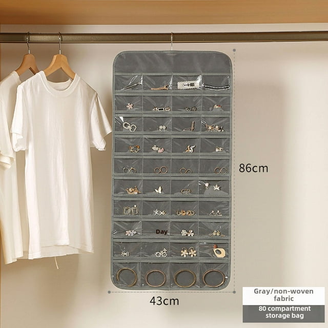 Gray Hanging Jewelry Organizer with 80 Pockets - Dustproof Non-Woven Fabric Storage Solution for Necklaces, Earrings & Accessories - Wall/Clothes Rack Mountable, Modern Minimalist Design for