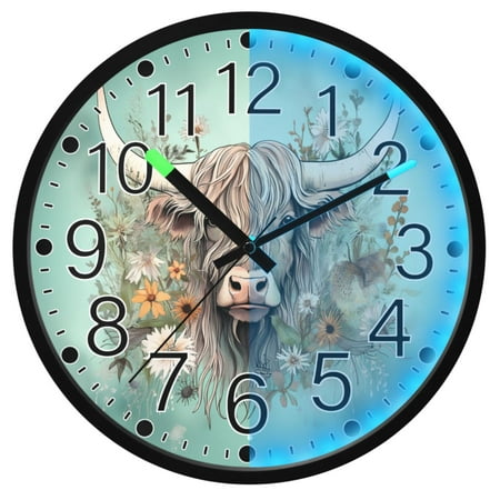 Ryvnso Highland Cattle Floral 12 Inch Night Light Wall Clock Silent Battery Operated Luminous Clocks