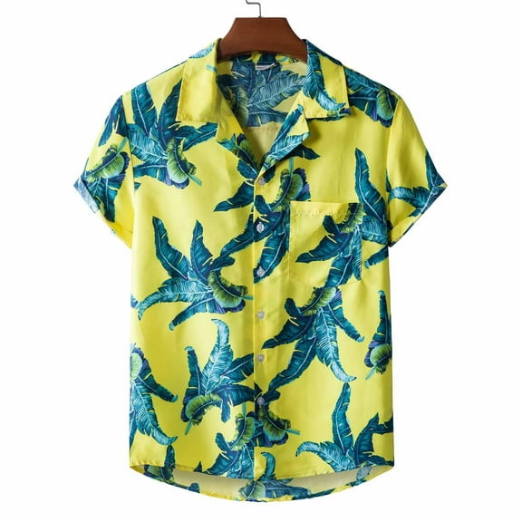 VANLOFE Mens Shirts Yellow Mens Graphic Tees Men Hawaiian Short Sleeve Beach Shirt Printed Summer Casual Button Down Shirts