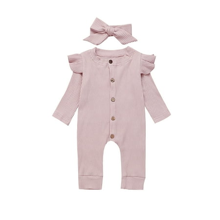 

EHTMSAK Newborn Infant Baby Toddler with Headband Set Clothes Romper for Girl Boy Long Sleeve Button Jumpsuit Pink 0-24M 80