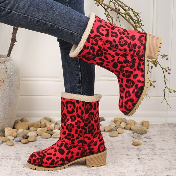 XIMIN Women's Leopard Print Fur Snow Ankle Booties Comfortable Chunky Block Heels Slip On Fleece Lined Mid Calf Boots Casual Fashion Winter Outdoor Shoes