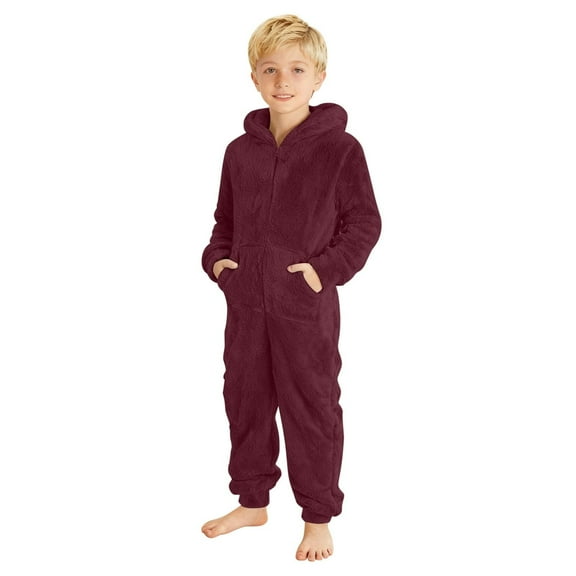 Fesfesfes Boys Long Sleeve Hooded Jumpsuit Warm Winter Homewear Cozy Fleece Romper Playwear Kids Soft Hooded Clothes Set for Children Comfortable All Day Wear(Wine,5-6 Years)