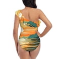 thumbnail image 5 of Salouo Tropical Sunset Paradise Pattern One Shoulder Ruffled One Piece Swimsuit for Women V Neck Swimwear Tummy Control Bathing Suit-Medium, 5 of 6