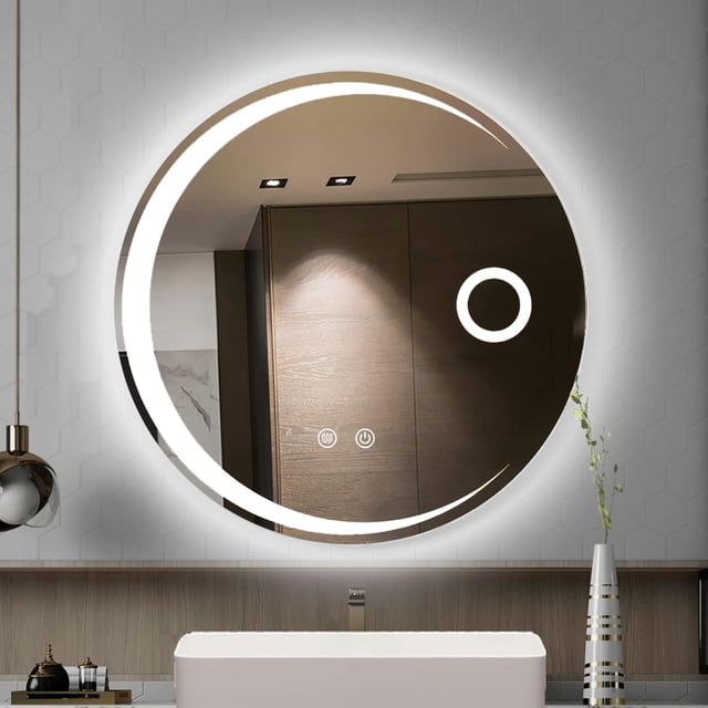 DASHLINE Espejo LED para Baño, Espejo de Baño Redondo con Función de Memoria y Desempañado HD, Botones Táctiles Inteligentes, Espejo de Maquillaj