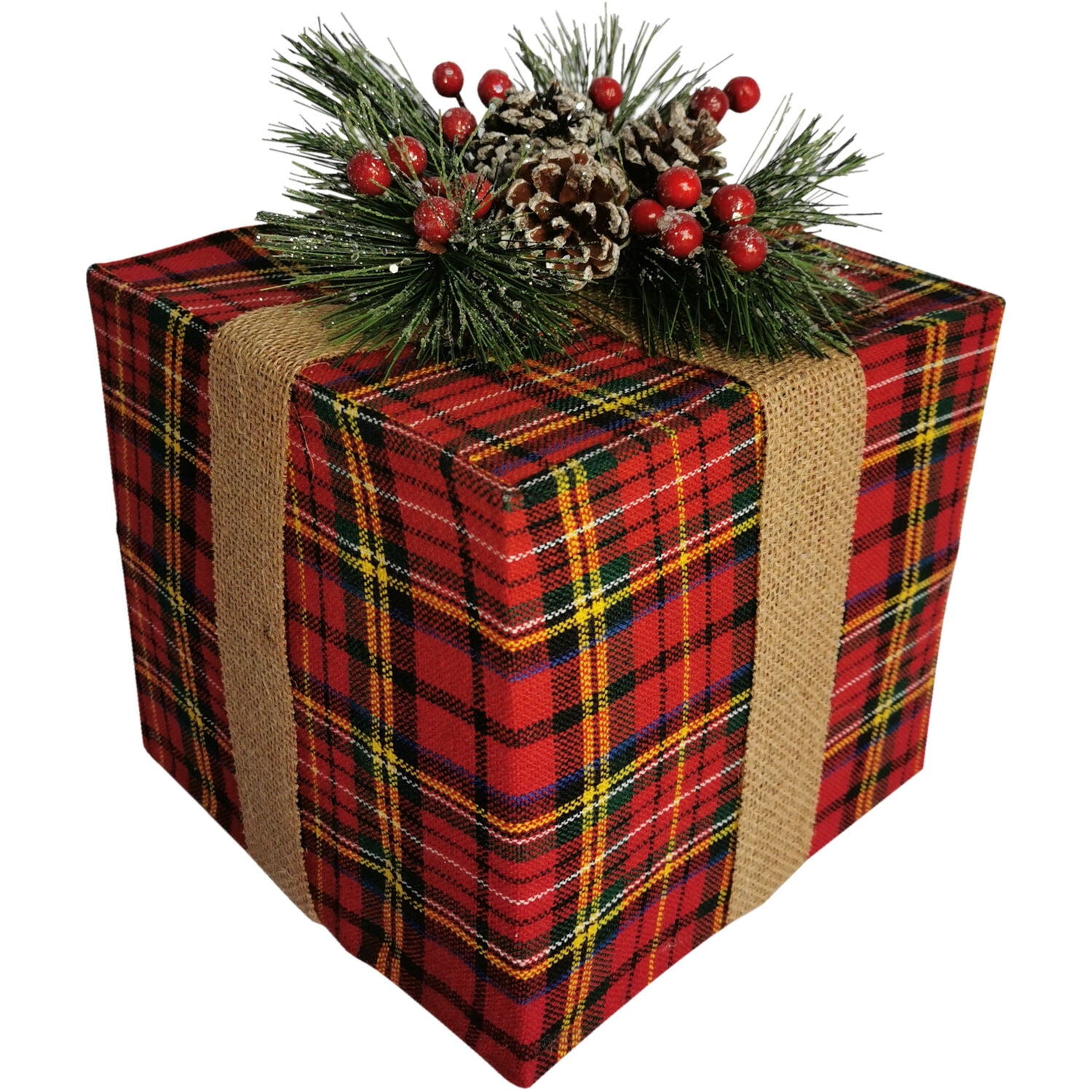 Fraser Hill Farm Tartan Christmas 5-Piece Decorating Kit: Frosted Wreath, Lightly Frosted Tree, Pre-Lit Lantern, Sleigh, and Gift Box