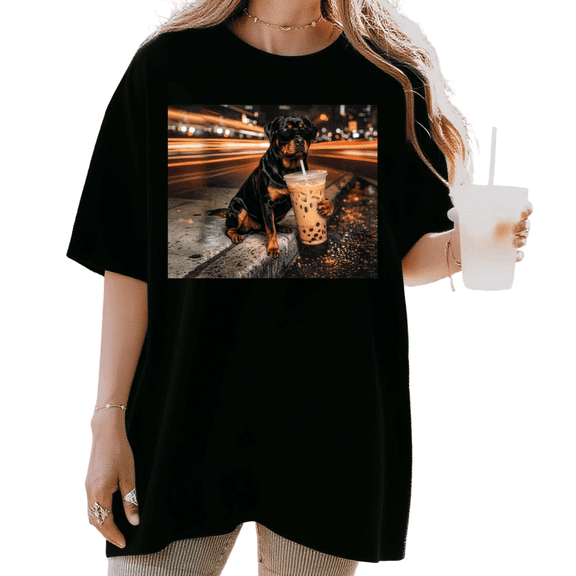 UNISHE Women's Cool Rottweiler Dog With Sunglasses Holding Boba Tea Night City Graphic Short Sleeve T-Shirt Casual Crewneck Top