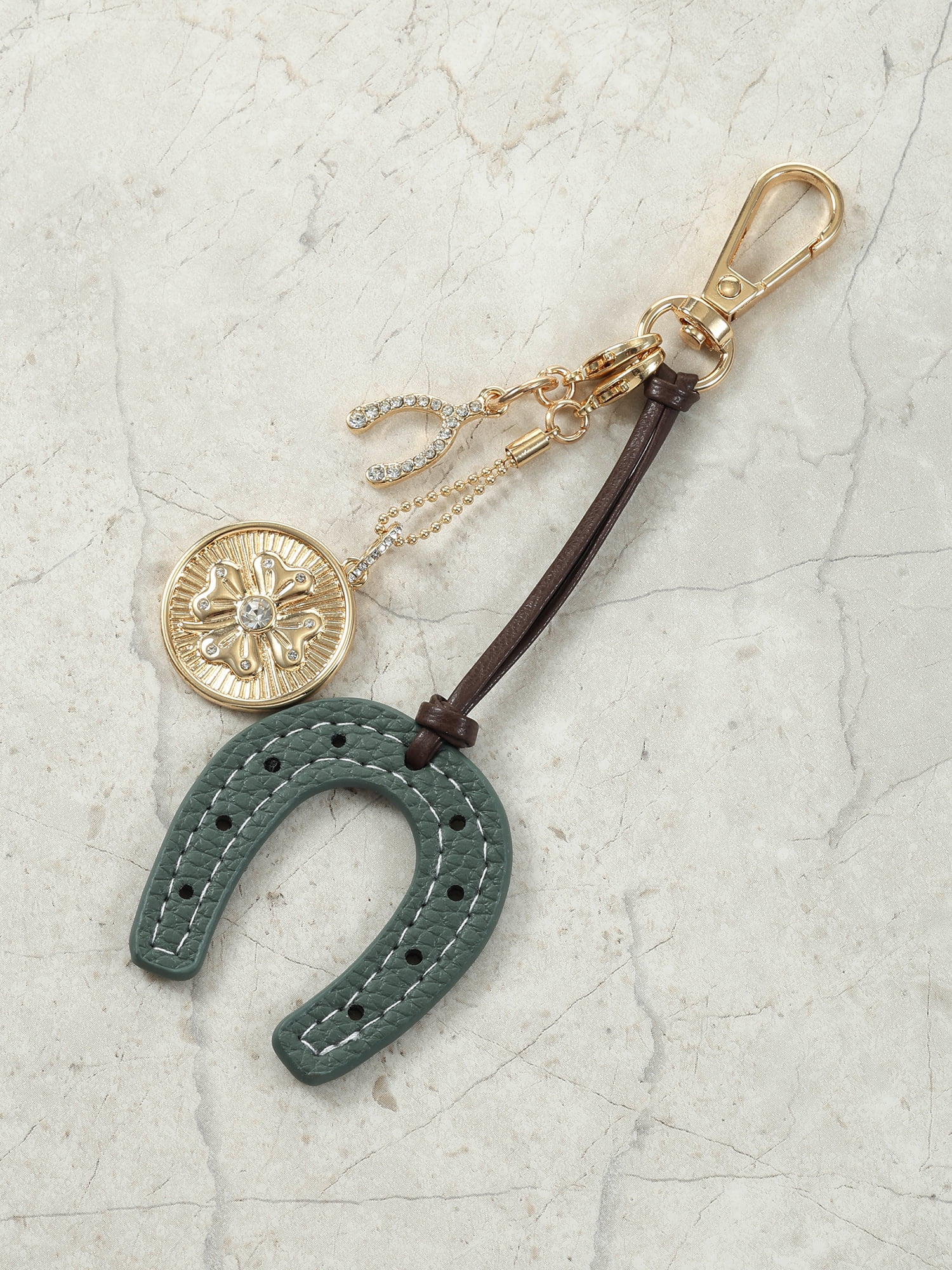 Time and Tru Goldtone and Faux Leather Horseshoe Bag Charm, Green, 1 Piece