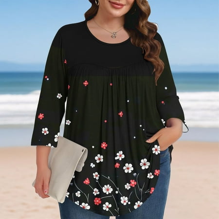 Xdegoge Plus Size Womens Clothes Plus Size Tops Oversized T Shirts Summer Boho T-Shirts Crew Neck 3/4 Sleeve Ladies Tops Summer Loose Fit Fashion Blouses