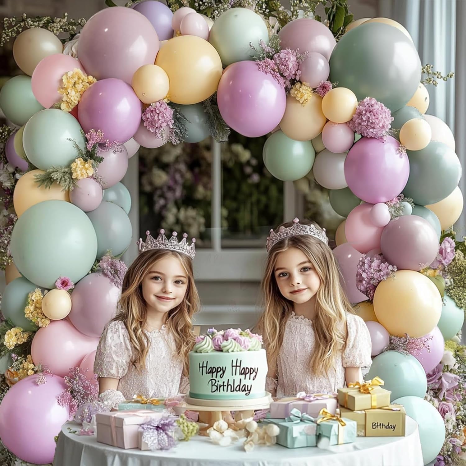 Dusty Green Pink Purple Yellow Balloon arch kit,Double Stuffed Haze Purple Mauve Pink Ivory Sage Green Lilac Light Yellow Balloons Garland for Brithday Wedding Wild Flower Princess Party Decorations