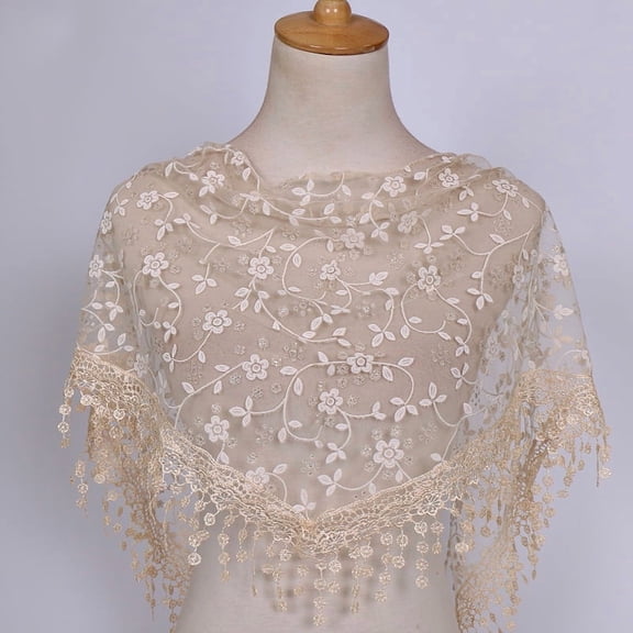 Namzi 138x40cm Triangle Lace Shawl Lightweight Soft Leaf Pattern Fringe Scarf for Evening Events, Weddings Elegant Draping,Beige
