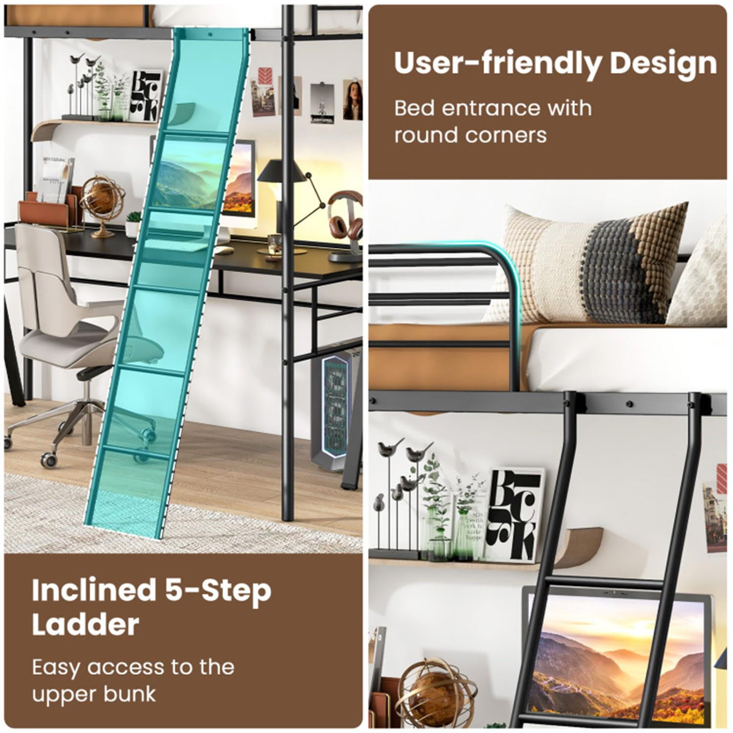 Demi Bonn Twin Size Loft Bed Metal Bed Frame with Ladder and Guardrails for Teens, Black