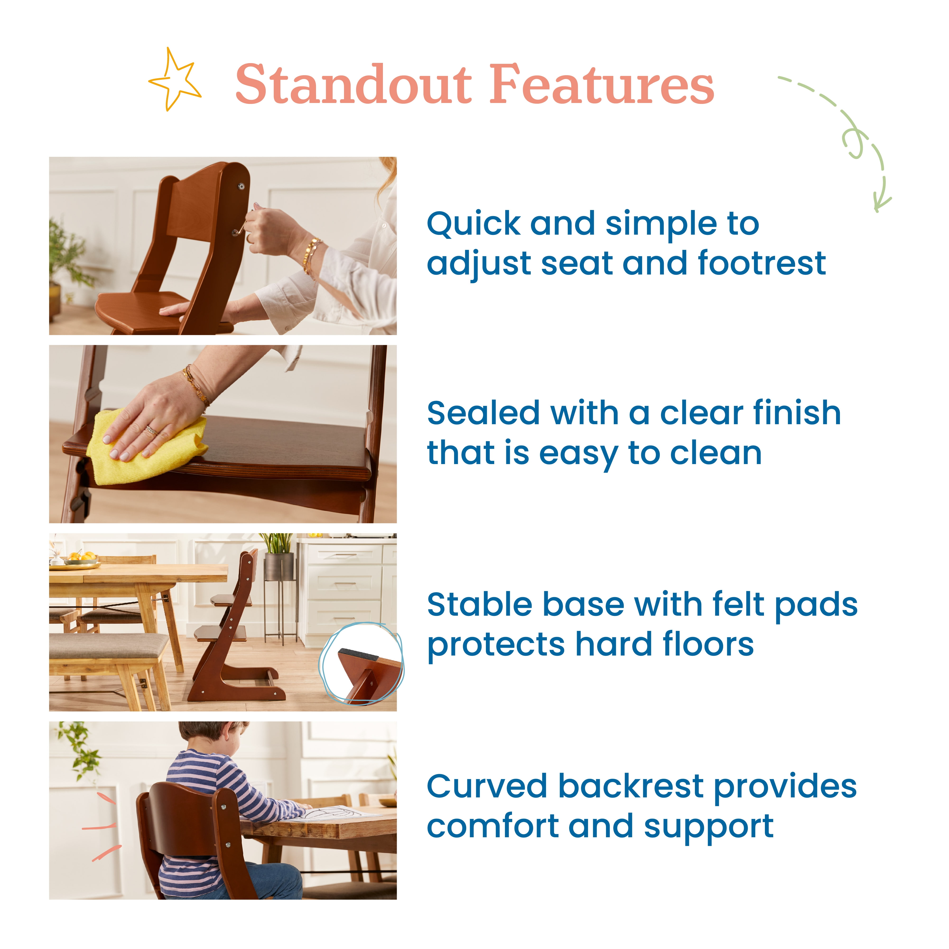 ECR4Kids Wooden Adjustable Grows with Me Transitional Chair, Montessori Furniture, Dark Walnut