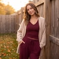 thumbnail image 4 of Lounge Set V Neck Ruched Long Sleeve Crop Top Drawstring Wide Leg Pants Sets for Women Cozy Loose Fit Casual Outfits Wine M, 4 of 7