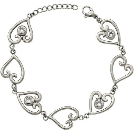 Chisel Stainless Steel Polished CZ Heart W/1in Ext. Bracelet