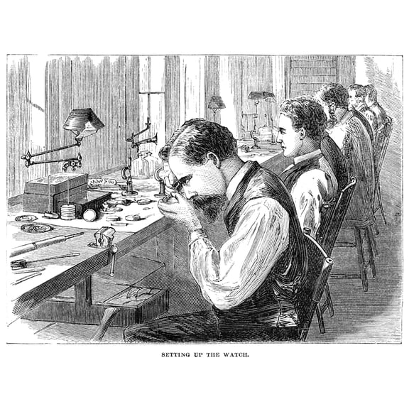 Watchmakers, 1869. /Nworkers Assembling The Parts Of Pocket Watches, At The Elgin National Watch Company Factory In Elgin, Illinois. Wood