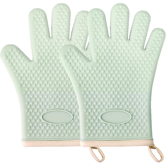 Silicone Oven Mitts Heat Resistant 450 Degrees, Waterproof BBQ Glove (green 2pack)