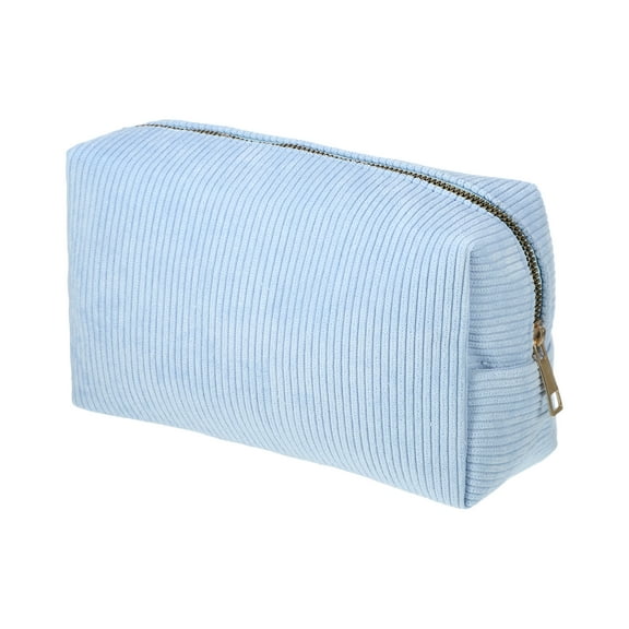 Women Durable Solid Color Cosmetic Bag for Vacation Camping Gym Travel Blue Corduroy