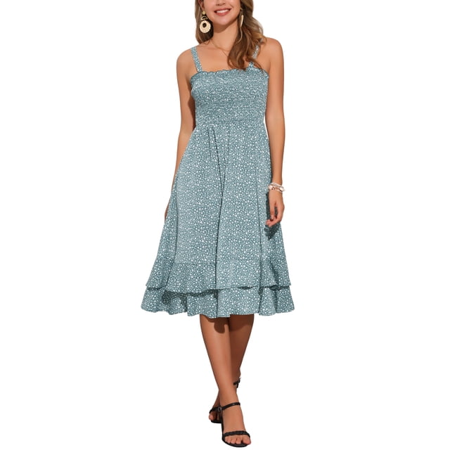Vestido Floral INSPIRE CHIC para Mujer, Vestido Midi con Tirantes Espagueti y Volantes, Talla XS, Verde