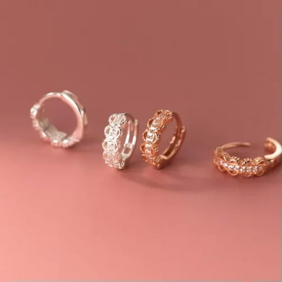 EOEMY Crystal Huggie Hoop Lace Layer Earrings 925 Sterling Silver Women Jewellery-Silver