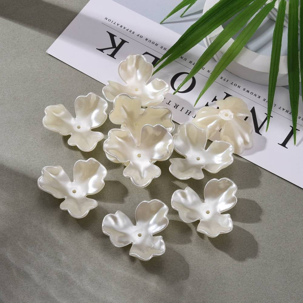 3-Petal Flower Plastic Imitation Pearl Bead Caps Creamy White Hole: 2mm Plastic 35x38x12mm