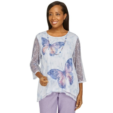 Alfred Dunner Womens Petite Butterfly Popcorn Mesh Top With Necklace