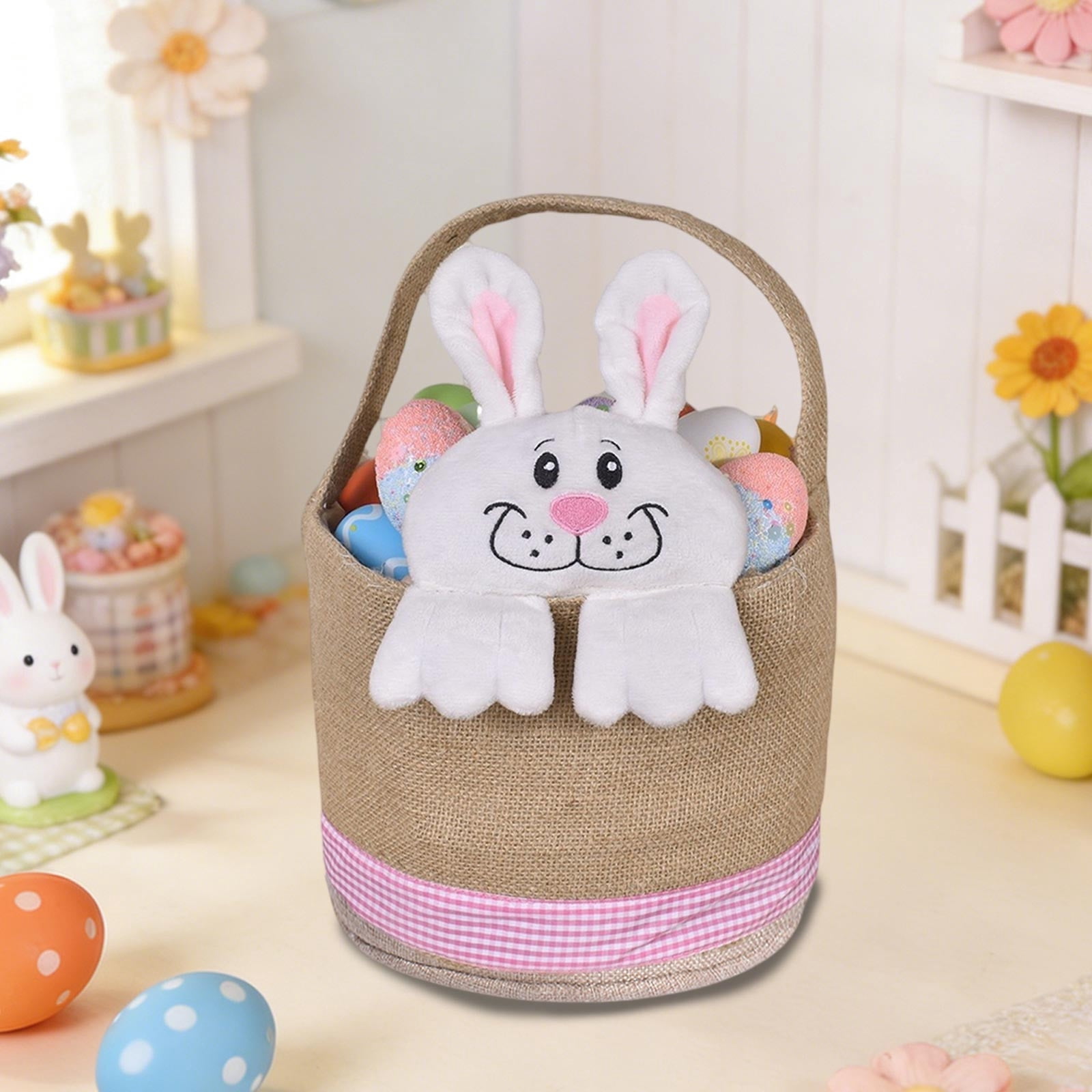 Lunxisen 1 Pcs Easter Bunny Basket Decorated Bunny Gift Basket for Easter Spring Holiday Party Home Decoration