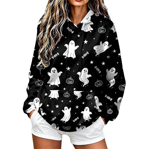 Hoodies for Women Festive Halloween Letter Print Sweatshirt Stylish Long Sleeve Pullover Tops for Autumn Celebration
