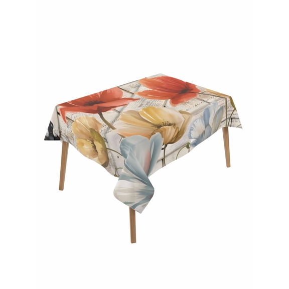 Retro Floral Table Cloth, Waterproof Tablecloth for Rectangle Tables, Red Yellow Tulips Barm Doors Farmhouse Wooden Reusable Washable Fabric Table Cover for Restaurant Kitchen Dining Tables 52"x70"