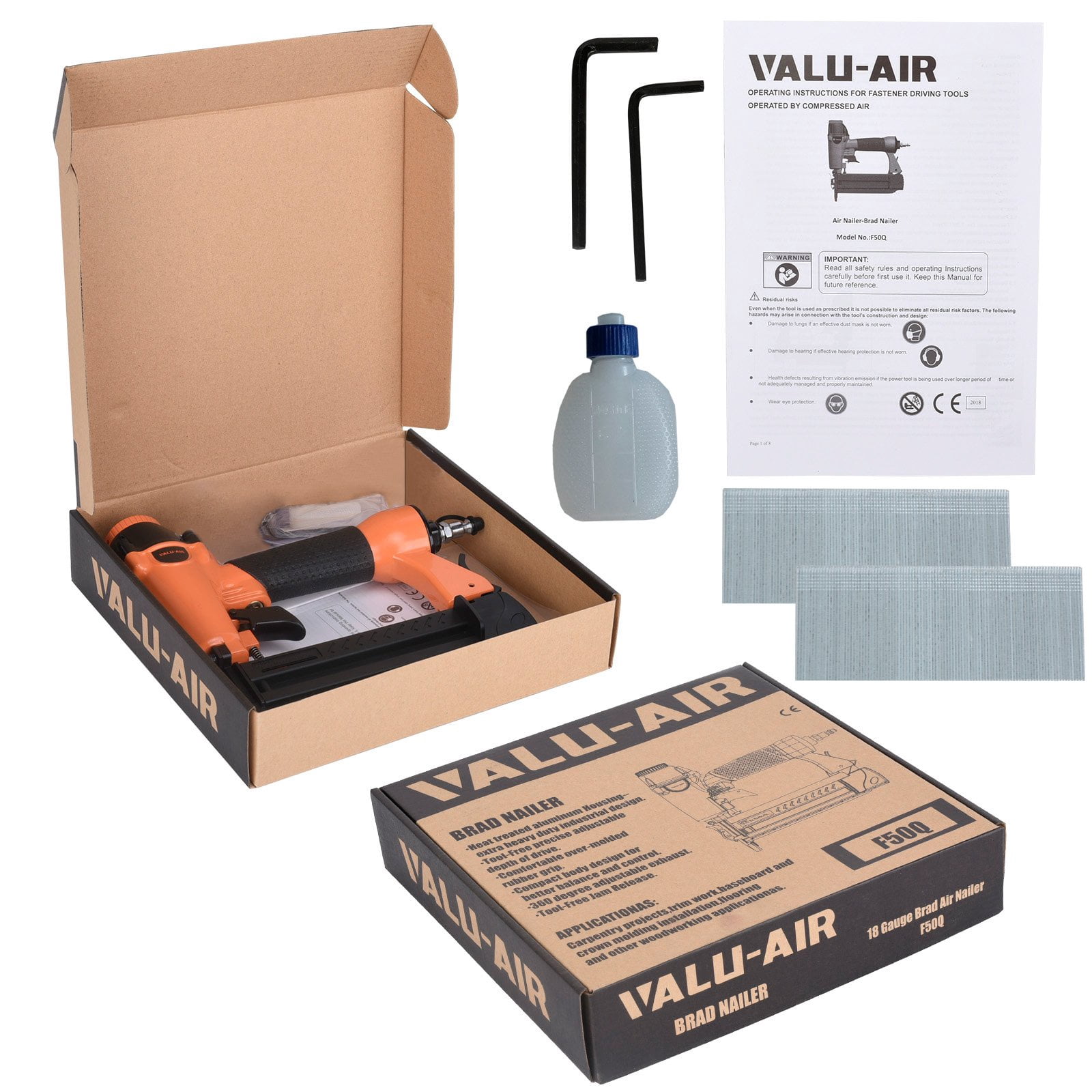 Valu-Air F50Q 18 Gauge Pneumatic Brad Nailer 3/8” to 2” for Cabinet, Trim, Baseboard, Chair Rail, and Finish Work (Needs An Air Compressor)