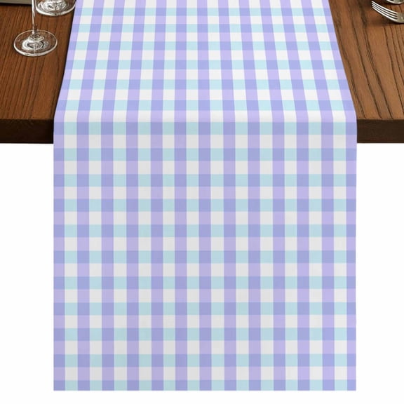 Blue Grid 36 Inch Table Runner, Checkered Plaid Gingham Lattice Trellis Print Farmhouse Dresser Scarf Cotton & Linen Tablerunner for Dining/Kitchen Island/Holiday Party Décor Small 13" x 36"