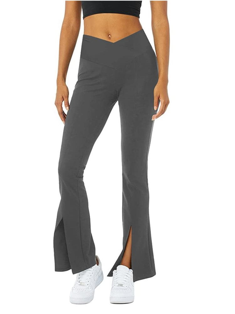 Langwyqu Solid Color Middle Waist Women Low Cut Casual Pants Split V